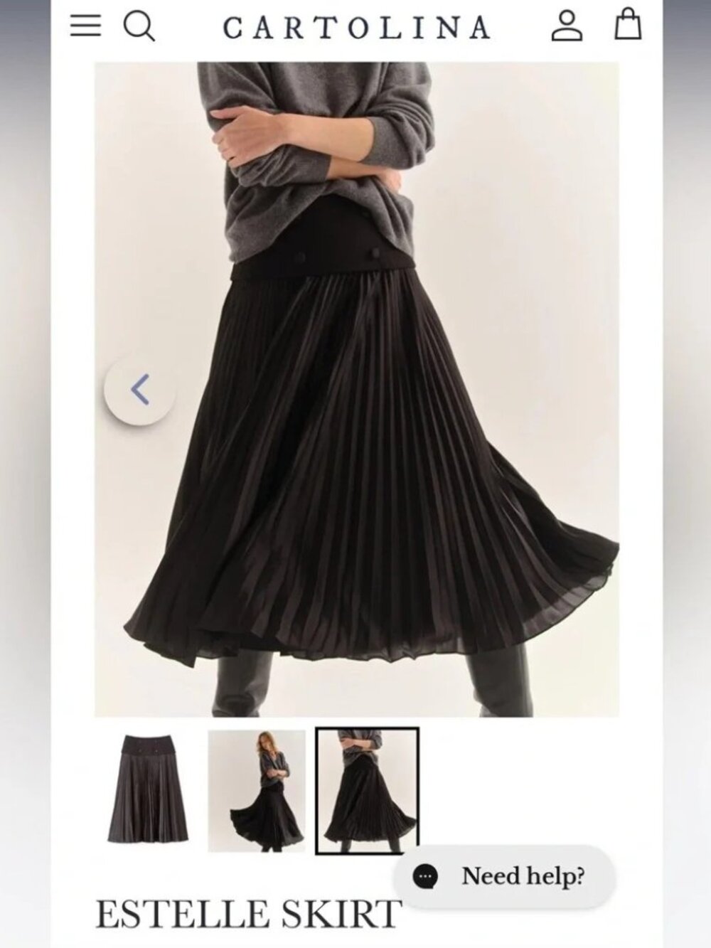 Cartolina Estelle Skirt Black Pleated Midi Skirt with Buttoned Waistband